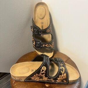 Custom made sunflower leather cork slides size 10